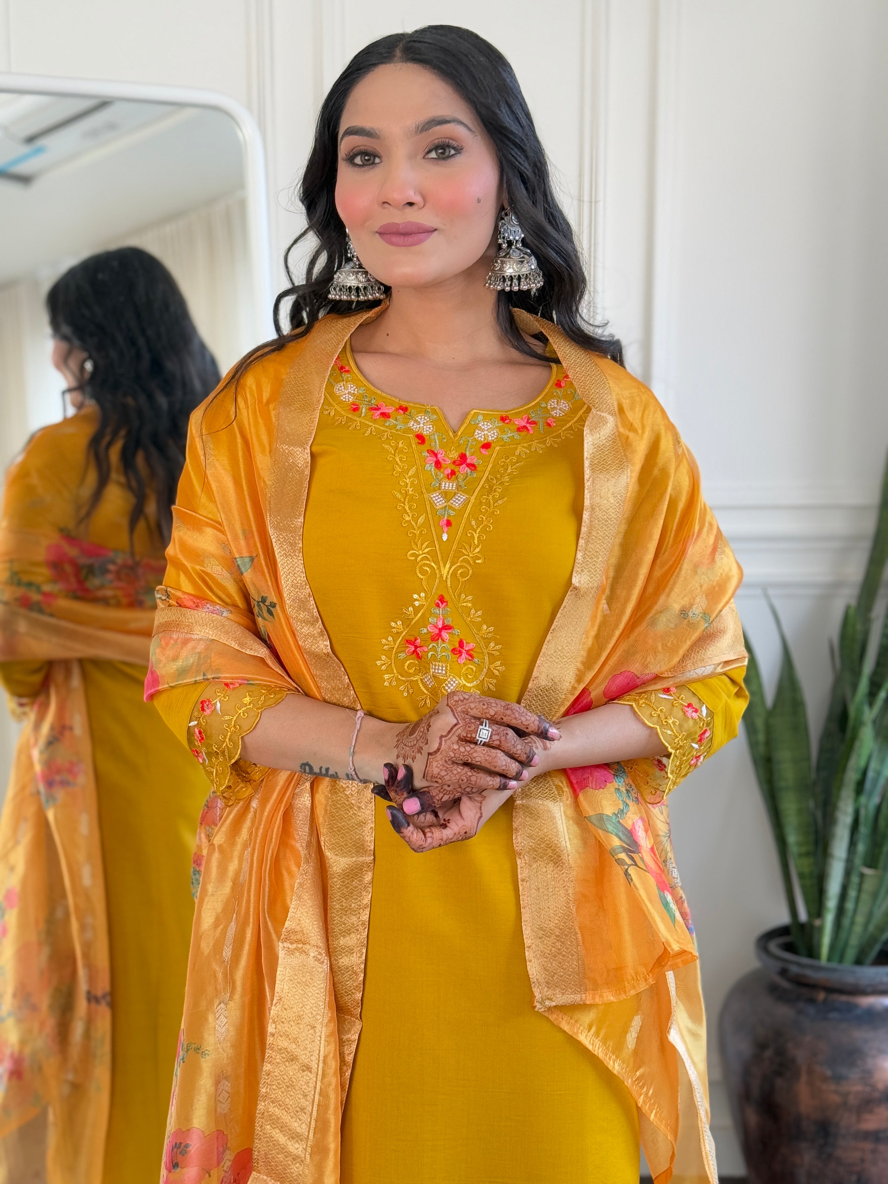 Elegant Mustard Viscose Chanderi Embroidered Kurti Set with Organza Dupatta