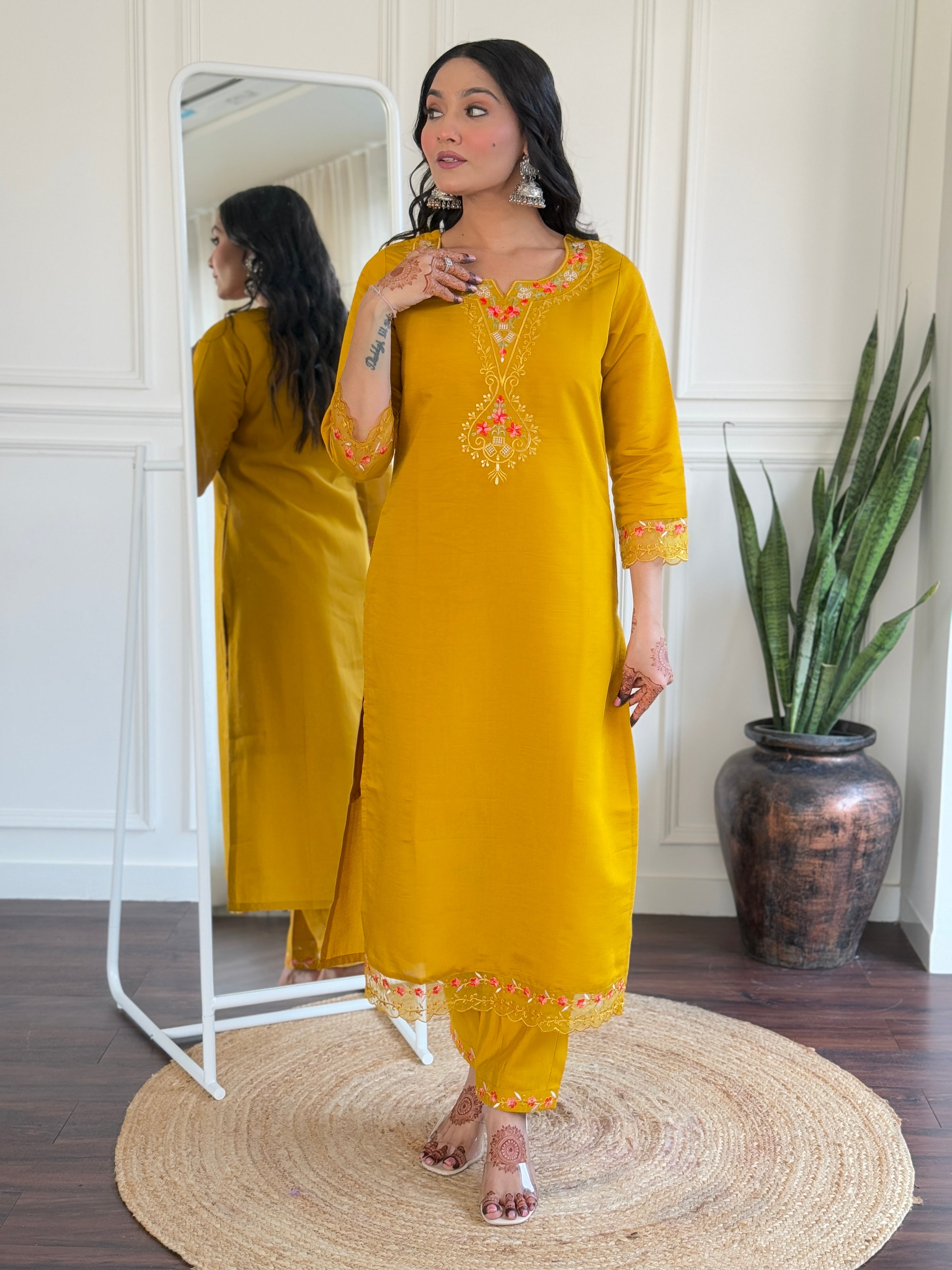 Elegant Mustard Viscose Chanderi Embroidered Kurti Set with Organza Dupatta