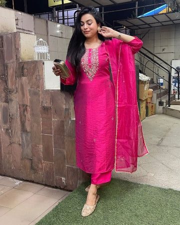 Elegant Rani Pink Viscose Chanderi Kurti Set with Embroidered Neck & Pure Organza Dupatta