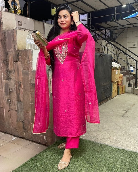 Elegant Rani Pink Viscose Chanderi Kurti Set with Embroidered Neck & Pure Organza Dupatta