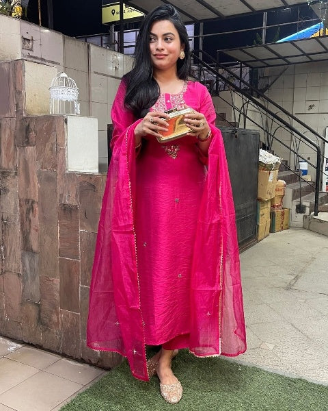 Elegant Rani Pink Viscose Chanderi Kurti Set with Embroidered Neck & Pure Organza Dupatta