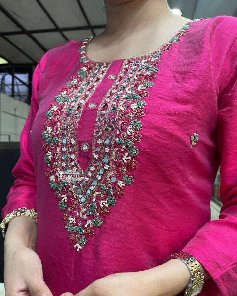 Elegant Rani Pink Viscose Chanderi Kurti Set with Embroidered Neck & Pure Organza Dupatta