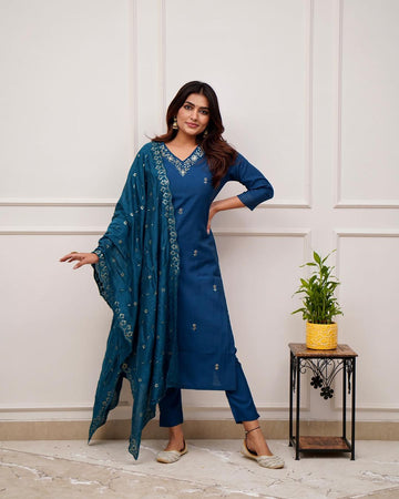 Elegant Teal Blue Embroidered Viscose Chanderi Kurti Set with Dupatta (3-Piece Set)