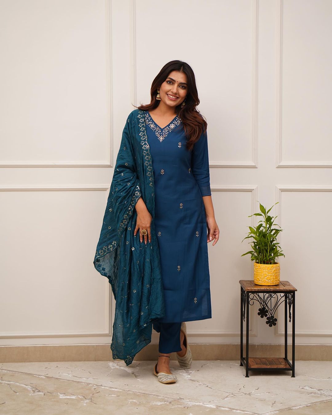 Elegant Teal Blue Embroidered Viscose Chanderi Kurti Set with Dupatta (3-Piece Set)