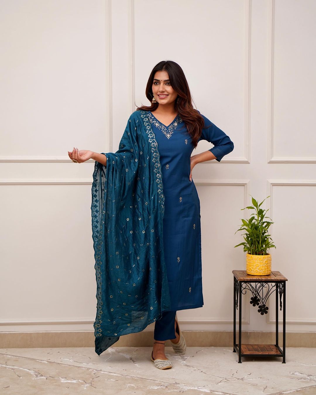 Elegant Teal Blue Embroidered Viscose Chanderi Kurti Set with Dupatta (3-Piece Set)