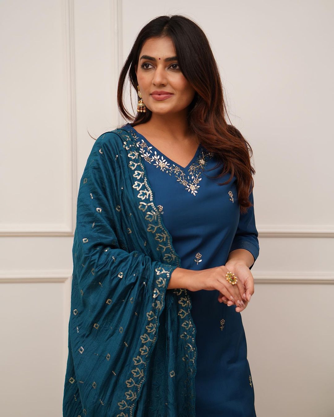Elegant Teal Blue Embroidered Viscose Chanderi Kurti Set with Dupatta (3-Piece Set)
