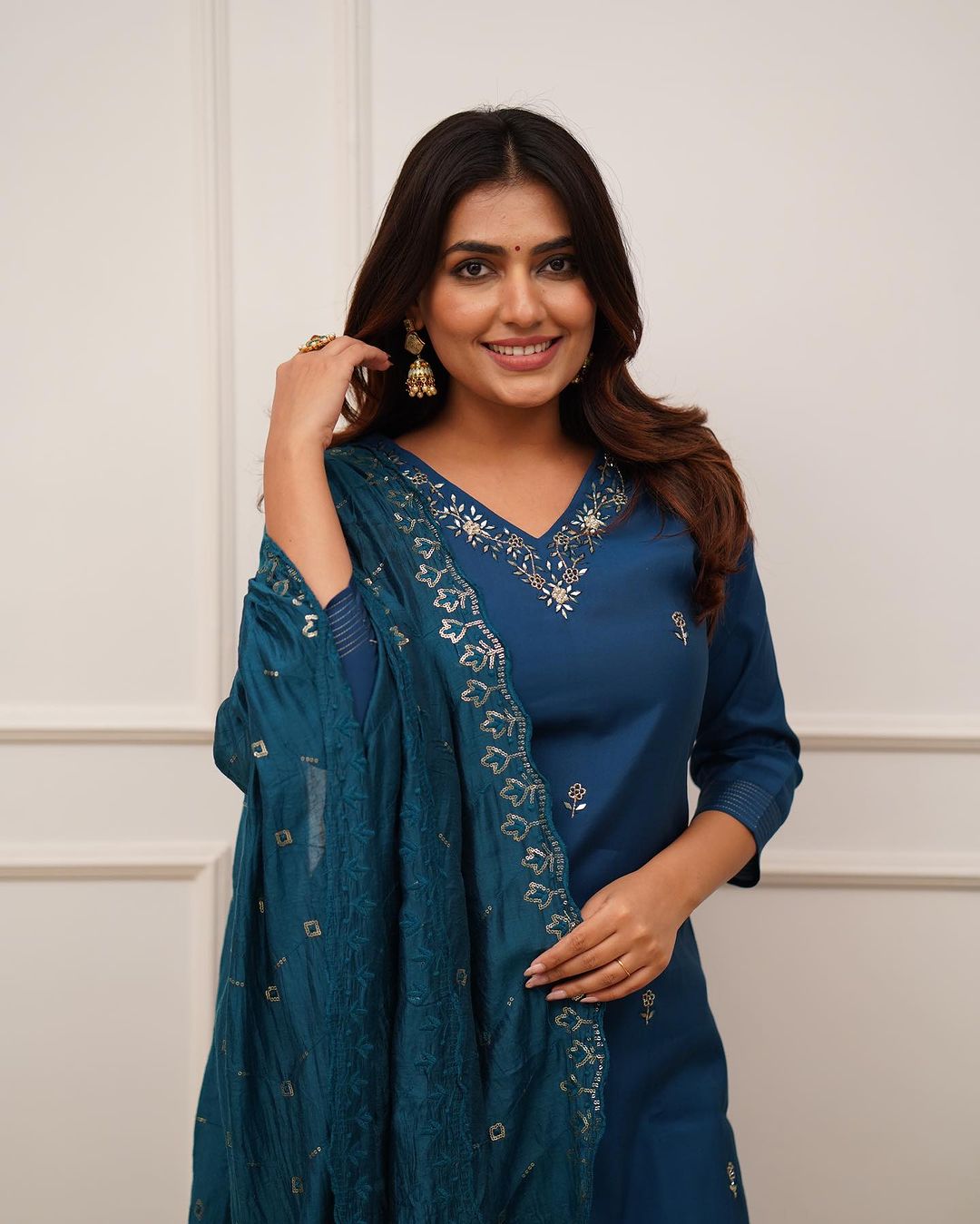 Elegant Teal Blue Embroidered Viscose Chanderi Kurti Set with Dupatta (3-Piece Set)