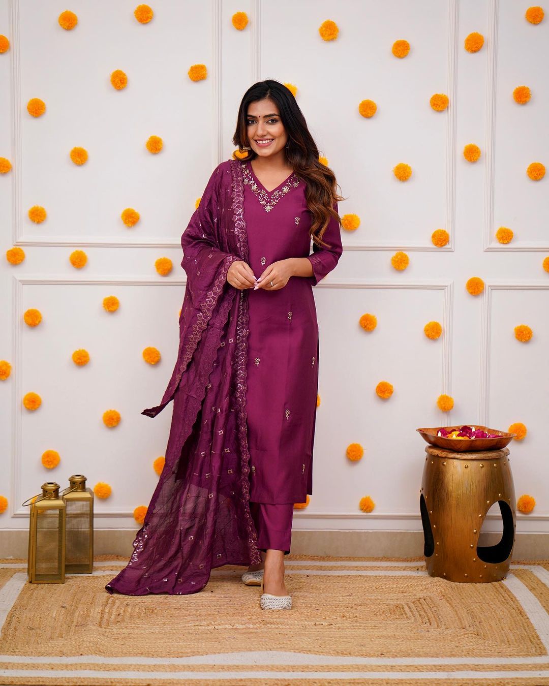 Elegant Wine Purple Embroidered Viscose Chanderi Kurti Set with Dupatta | Festive & Ethnic Wear (S–XXL)