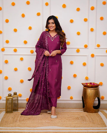 Elegant Wine Purple Embroidered Viscose Chanderi Kurti Set with Dupatta | Festive & Ethnic Wear (S–XXL)