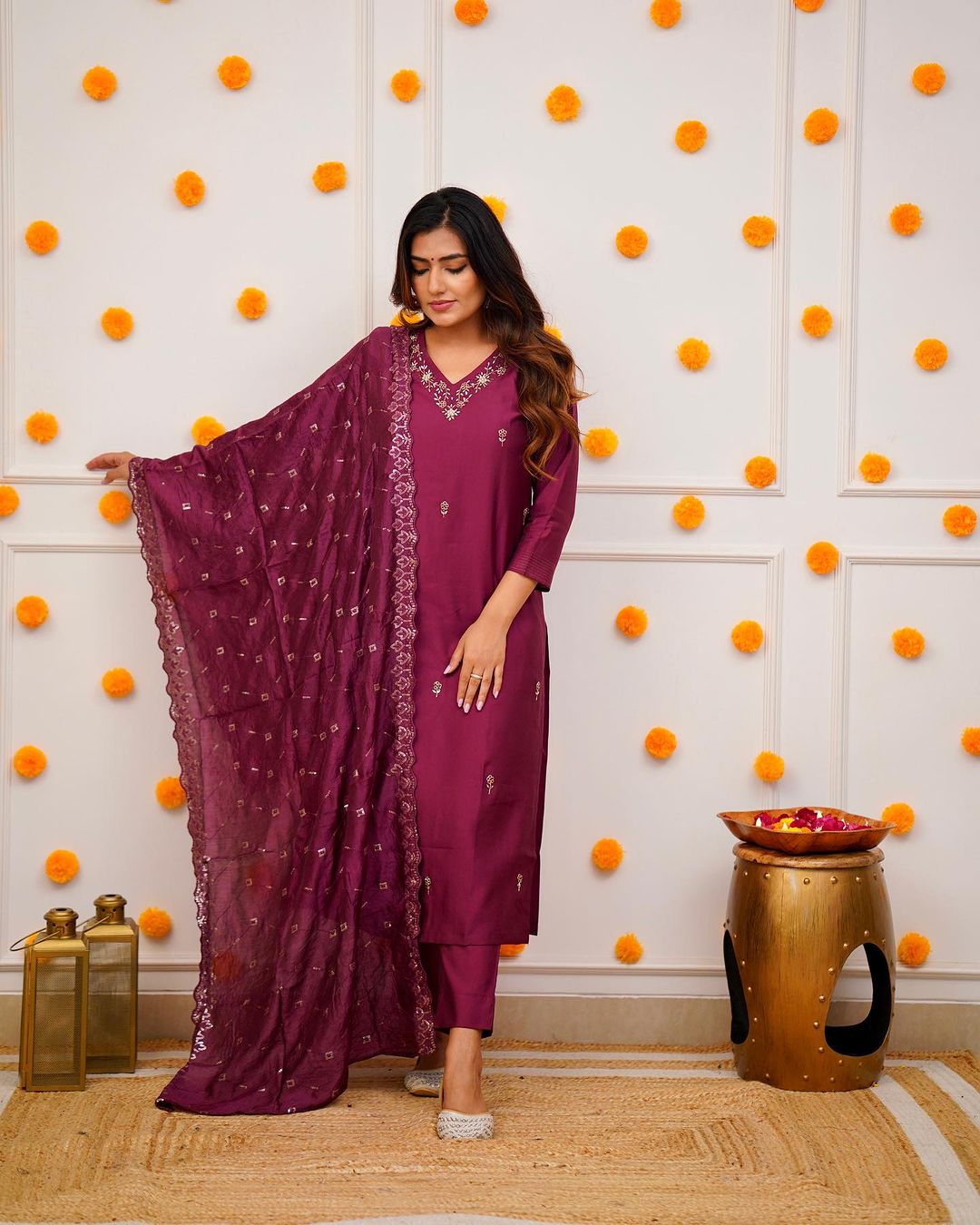 Elegant Wine Purple Embroidered Viscose Chanderi Kurti Set with Dupatta | Festive & Ethnic Wear (S–XXL)