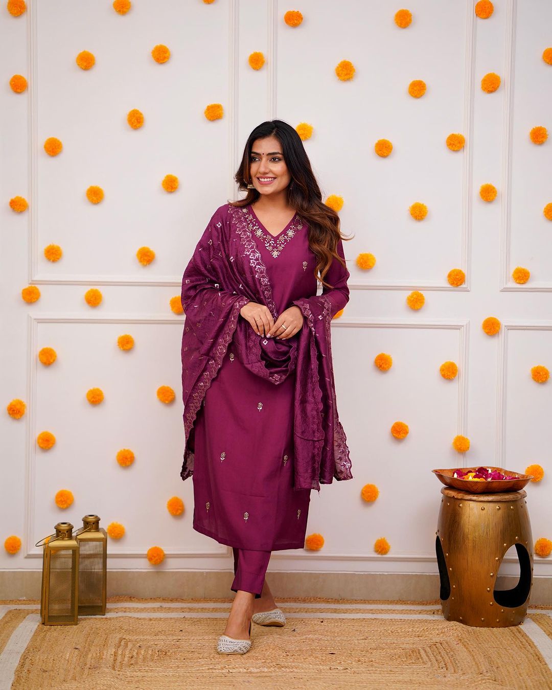 Elegant Wine Purple Embroidered Viscose Chanderi Kurti Set with Dupatta | Festive & Ethnic Wear (S–XXL)